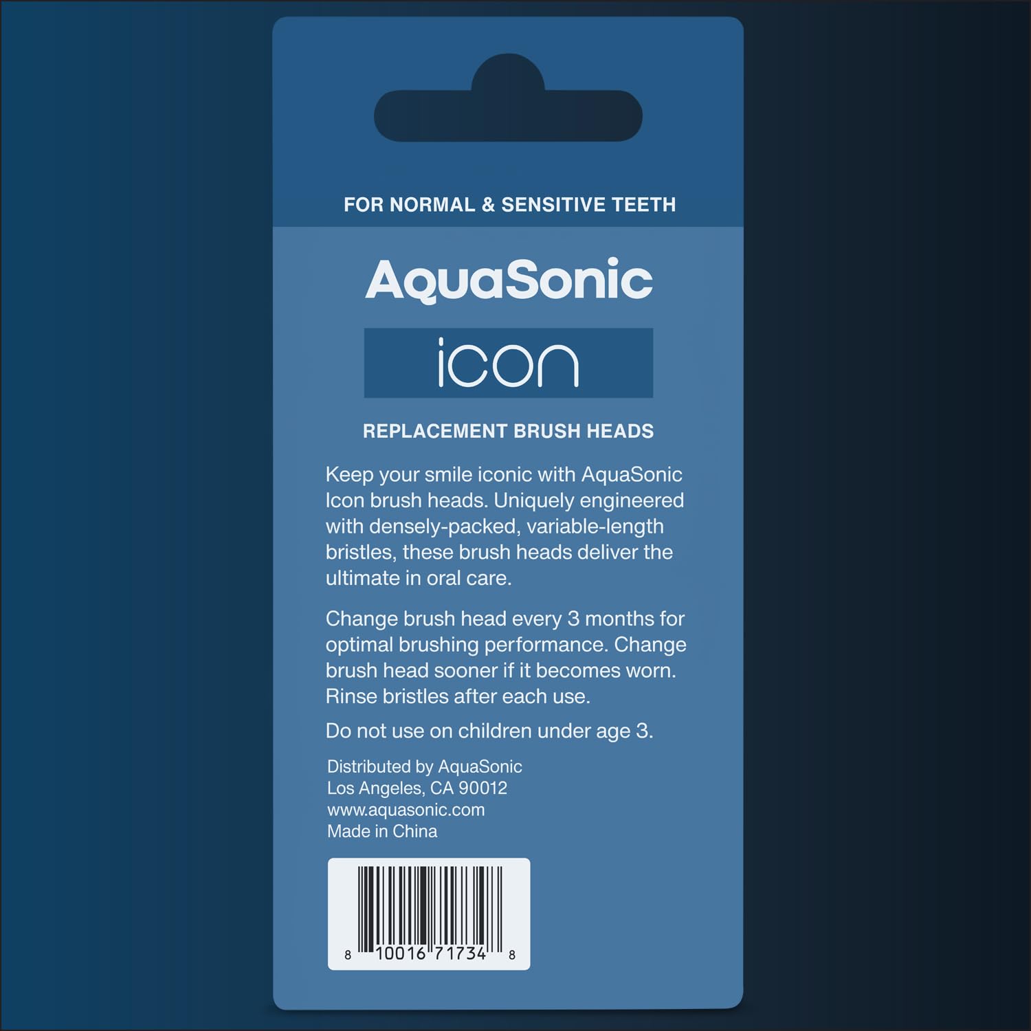 AquaSonic Icon replacement brush heads in navy, compatible with AquaSonic Icon toothbrush, designed for normal and sensitive teeth.