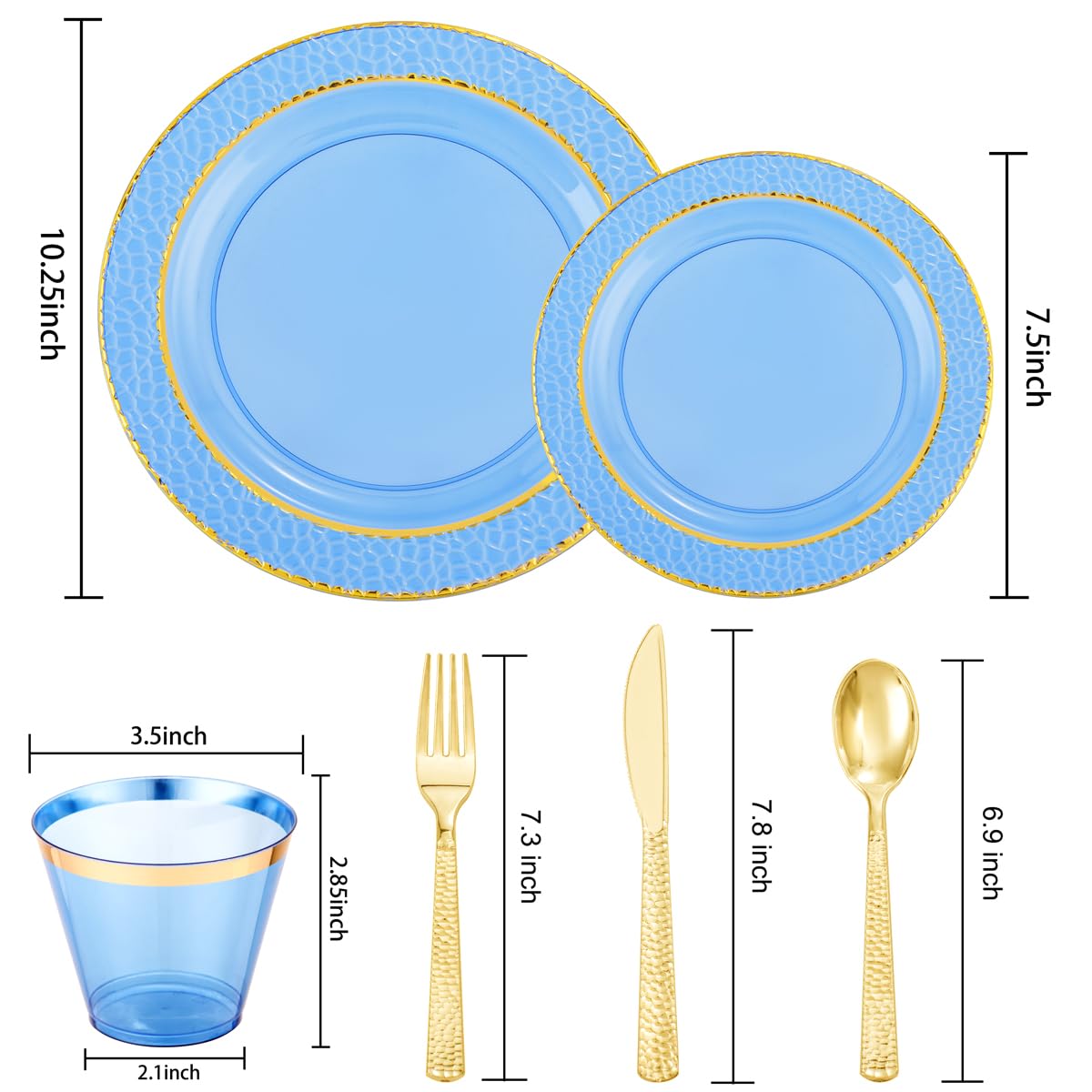 Nervure 150PCS Clear Blue Plastic Plates with Gold Hammered Silverware Set – packaging and label