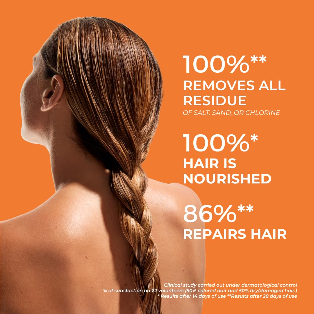 PHYTO Plage After-Sun Rehydrating Shampoo with calendula extract, sulfate-free, silicone-free, in 8.45 fl oz bottle, designed to cleanse and hydrate.