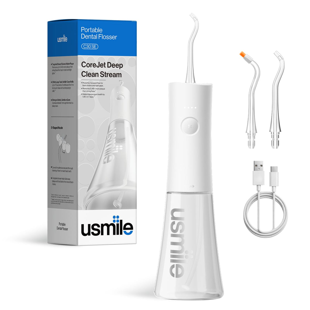 usmile C30SE Water Flosser with Easy Pressure Modes for Daily Oral Care – White, Acrylonitrile Butadiene Styrene