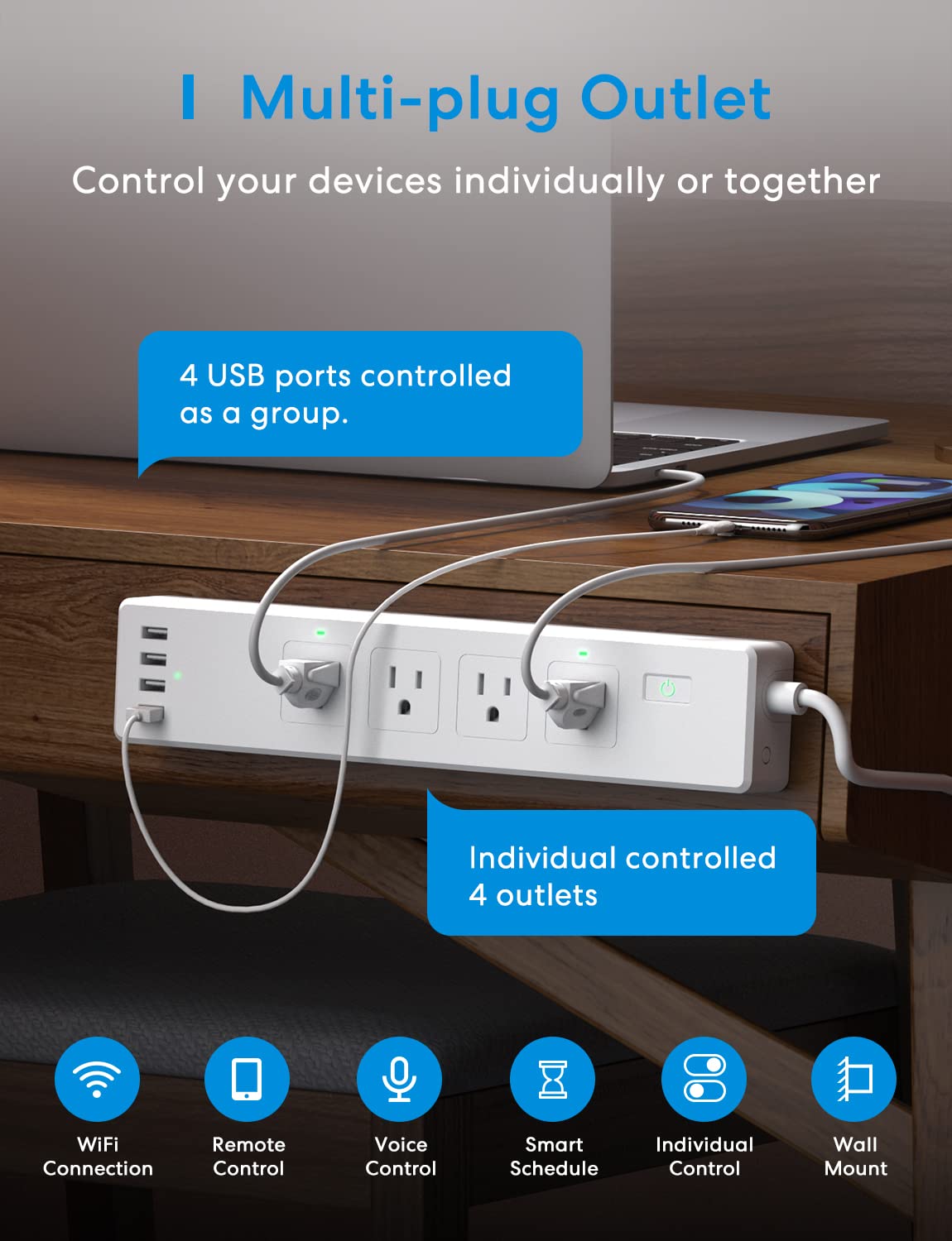 meross Smart Plug Power Strip, PD 20W USB-C, 15A WiFi Flat Outlet, 6 Feet – product photo (Power Strips)