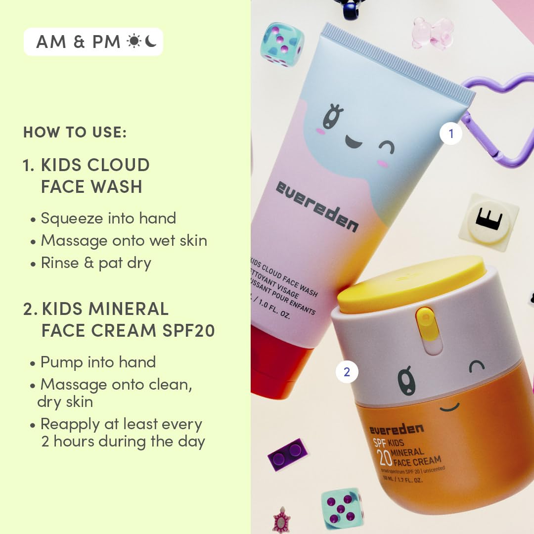 Evereden Kids Face Wash & SPF 20 Cream, Dermatologist-Tested, EWG Verified – back view and specifications