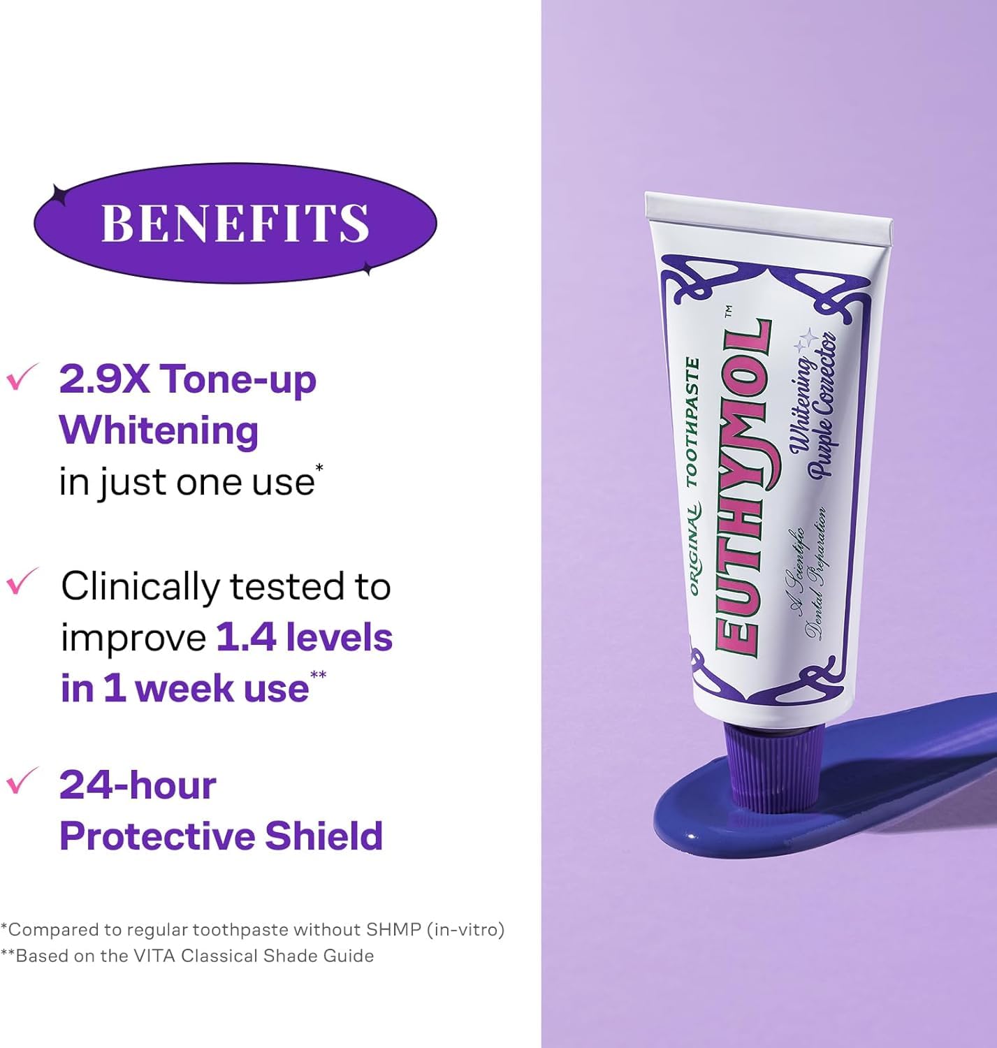Euthymol Purple Whitening Toothpaste 3.7 fl oz two-pack, natural toothpaste with instant tone-up for clean teeth and fresh breath.