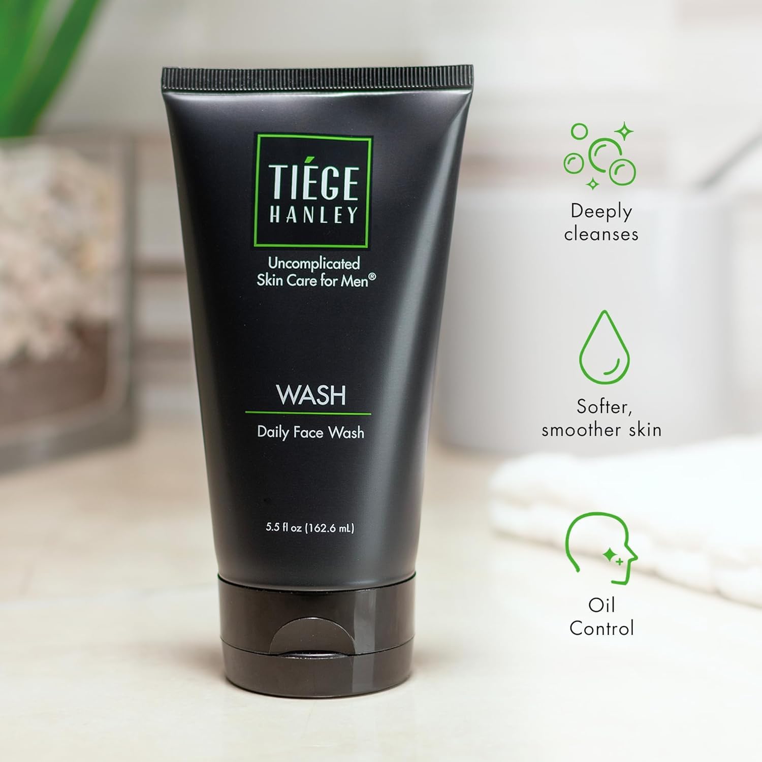 Tiege Hanley Daily Face Wash for Men, fragrance-free skin cleaning agent, 5.5 fl oz bottle with clear liquid cleanser