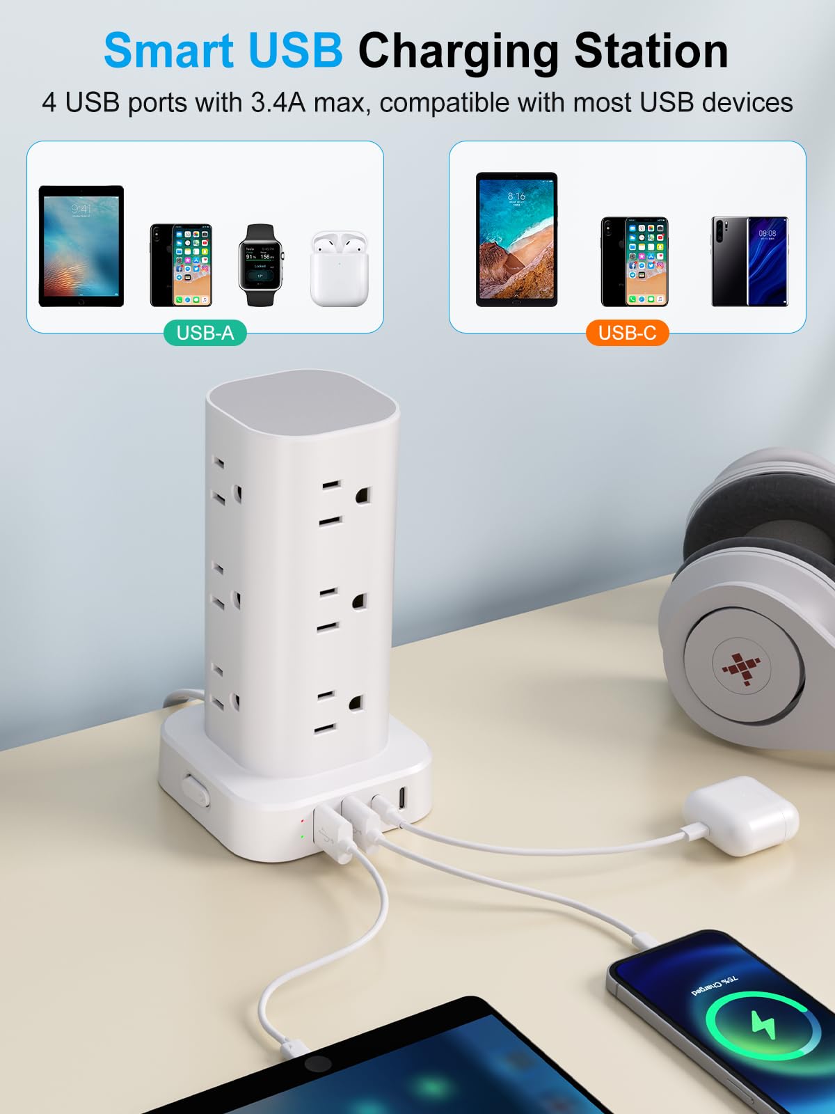UWIWUTEI 6FT Power Strip Tower with Wireless Charger,Surge Protector with 12 Outlets – packaging and label