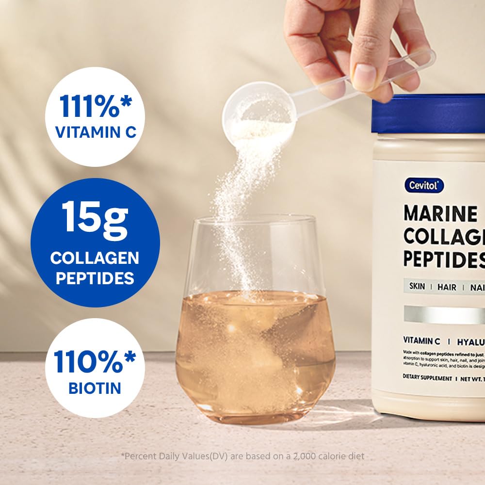 Cevitol Marine Collagen Peptides - Hydrolyzed Ultra-fine Collagen Powder for Women & Men, Hyaluronic Acid, Biotin, Vitam