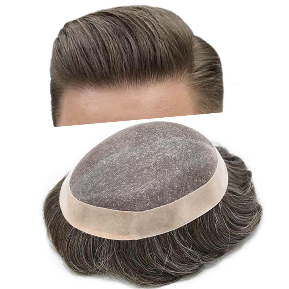 Curve Hair Mens Toupee Human Hair Piece Replacement System Monofilament Wig Hair Unit for Men Durable Poly Coated Mens Hairpiece (#340 Dark Brown+40% Gray, 7"X9")
