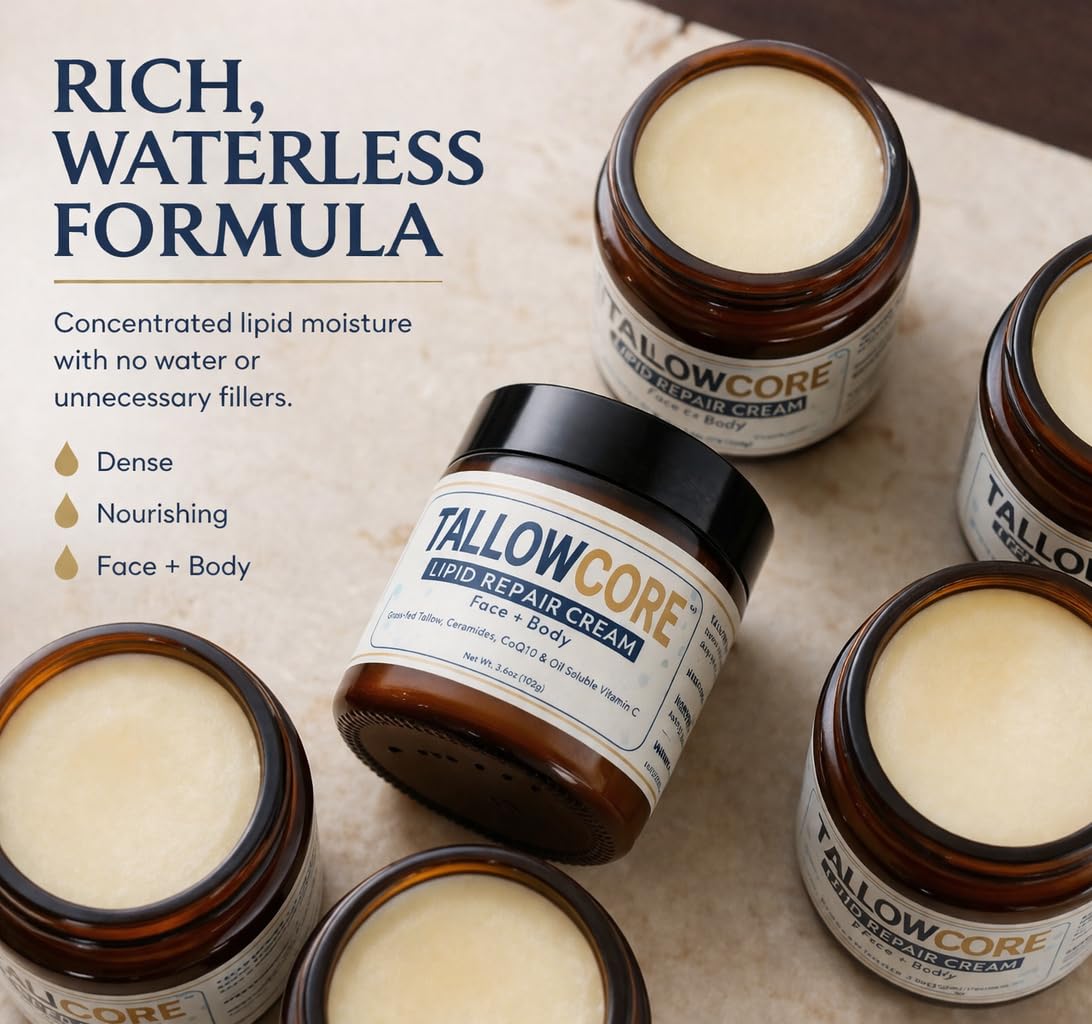 TALLOWCORE Lipid Repair Cream – Waterless Grass-Fed Tallow Moisturizer with Ceramide NP, CoQ10 & Oil-Soluble Vitamin C –