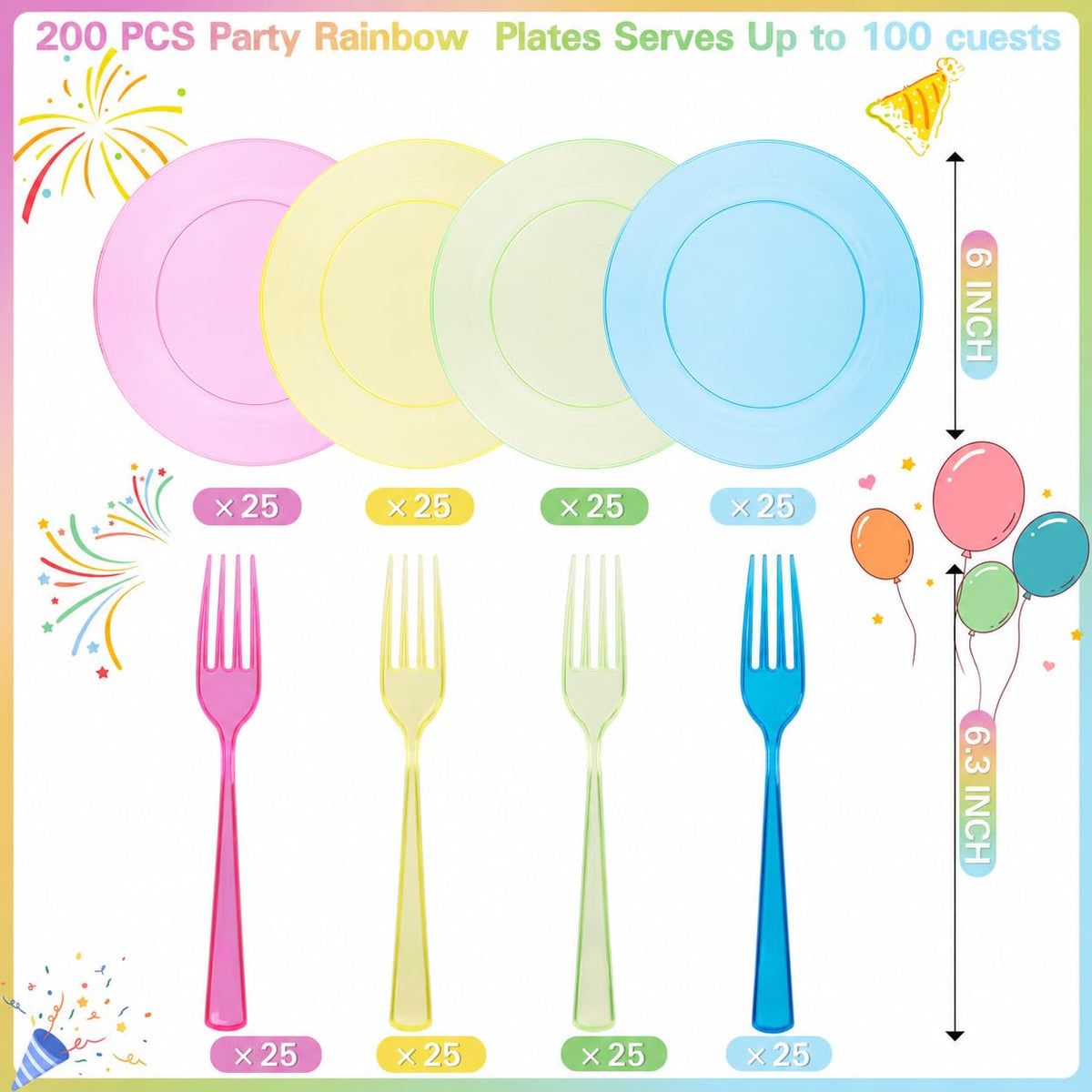 supernal 200Pcs Neon Rainbow 6" Plastic Party Dessert Plates & Forks