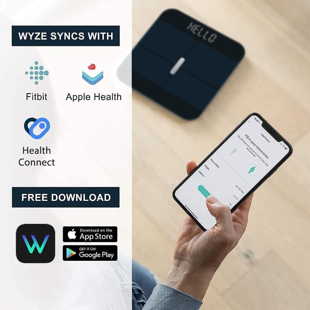 Wyze Smart Scale X digital bathroom scale displaying weight and body fat, black color, with sleek modern design.