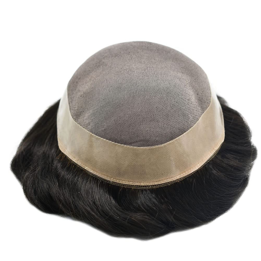 Curve Hair Mens Toupee Human Hair Piece Replacement System Monofilament Wig Hair Unit for Men Durable Poly Coated Mens Hairpiece (#2 Darkest Brown, 6"X9")