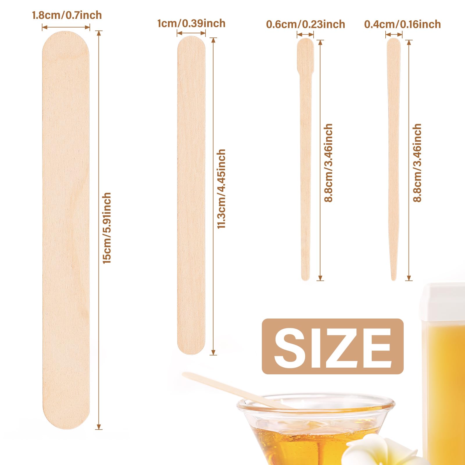 EWVVSS waxing sticks in assorted sizes, wooden applicators for body, face, and legs, ideal for waxing or craft projects.