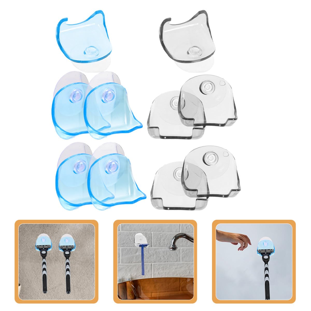 VILLCASE 10pcs Bathroom Razor Holders with Wall Suction Cups, Plastic Razor Stands and Brush Holders, Blue and Gray, Suitable for Shower and Bathroom Organization