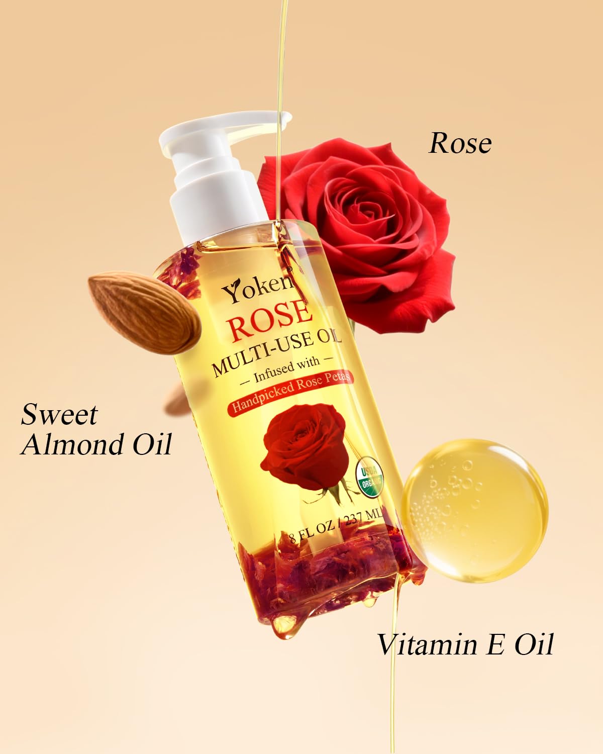 Organic Rose Multi-Use Body Oil For Skin Body, USDA Certified with Petals