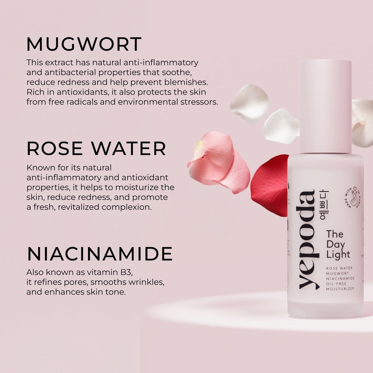 Yepoda The Day Light, Oil-Free Purifying Day Moisturizer with Rose Water, Mugwort & Niacinamide, Hydrating Vegan Korean 