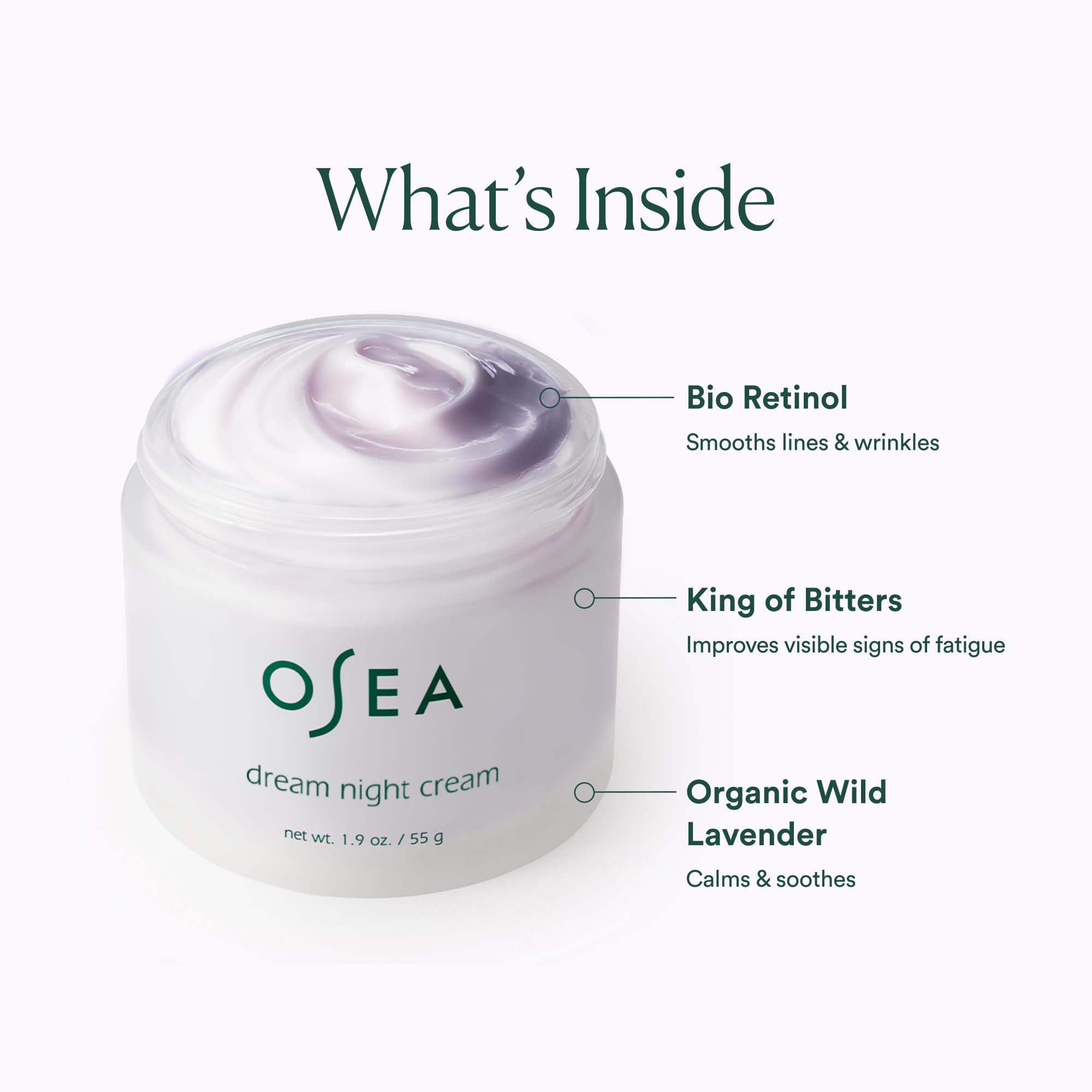 OSEA Dream Night Cream Bio-Retinol skin moisturizer in 1.7oz jar, designed for anti-aging and skin hydration.