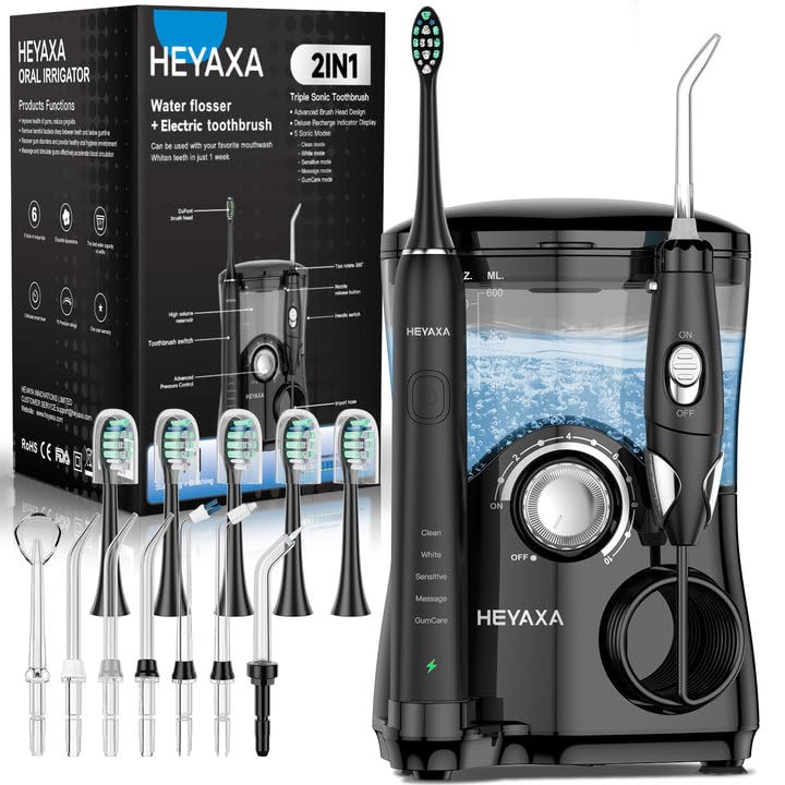 HEYAXA Water Flosser & Ultrasonic Electric Toothbrush Combo, 600ML Water Dental Flosser with 7 Jet Tips, 10 Adjustable W