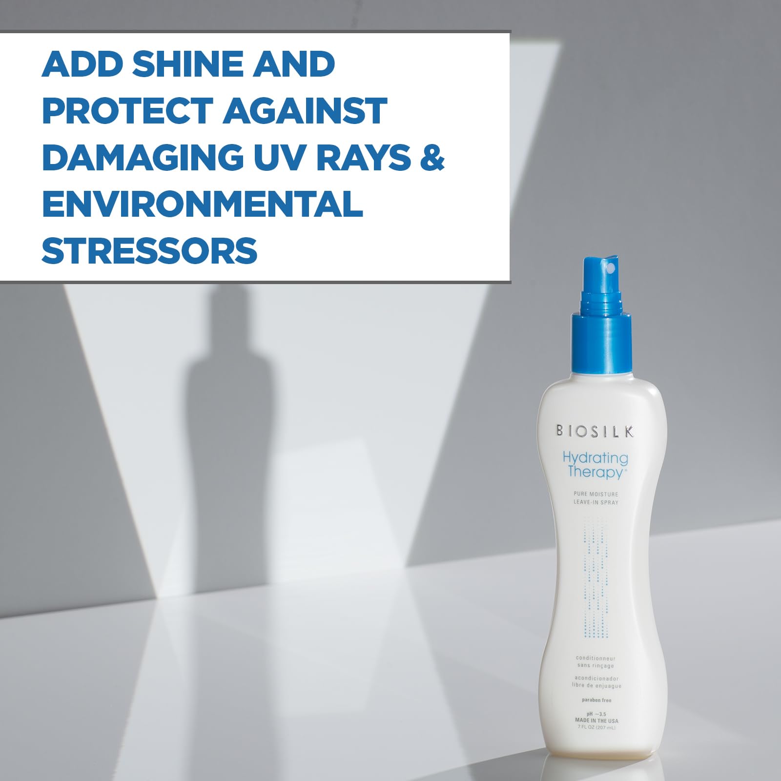 BioSilk Pure Moisture Leave-In Hair Spray 7 oz, lightweight hair care agent for smooth, shiny, and moisturized hair.