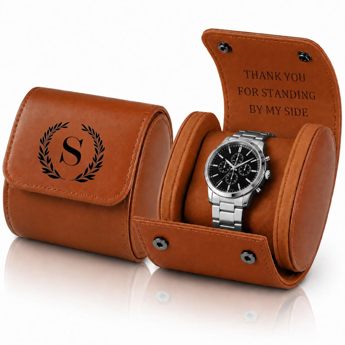 HICUSX Custom Watch Travel Case for Men, Single PU Leather Travel Watch Case Roll, Personalized Watch Gift Storage Box (