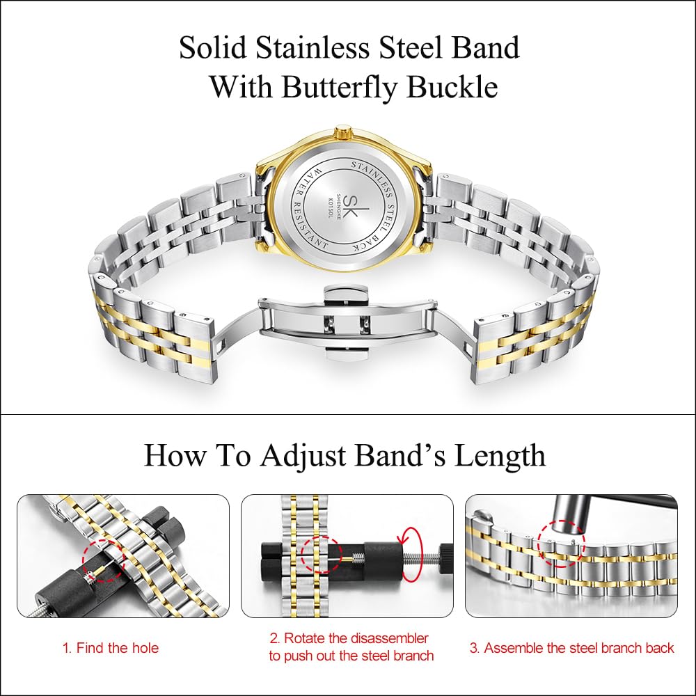 SHENGKE SK Classic Business Women Watches with Stainless Steel Band and Genuine Leather Elegant Ladies Calendar Watch – 