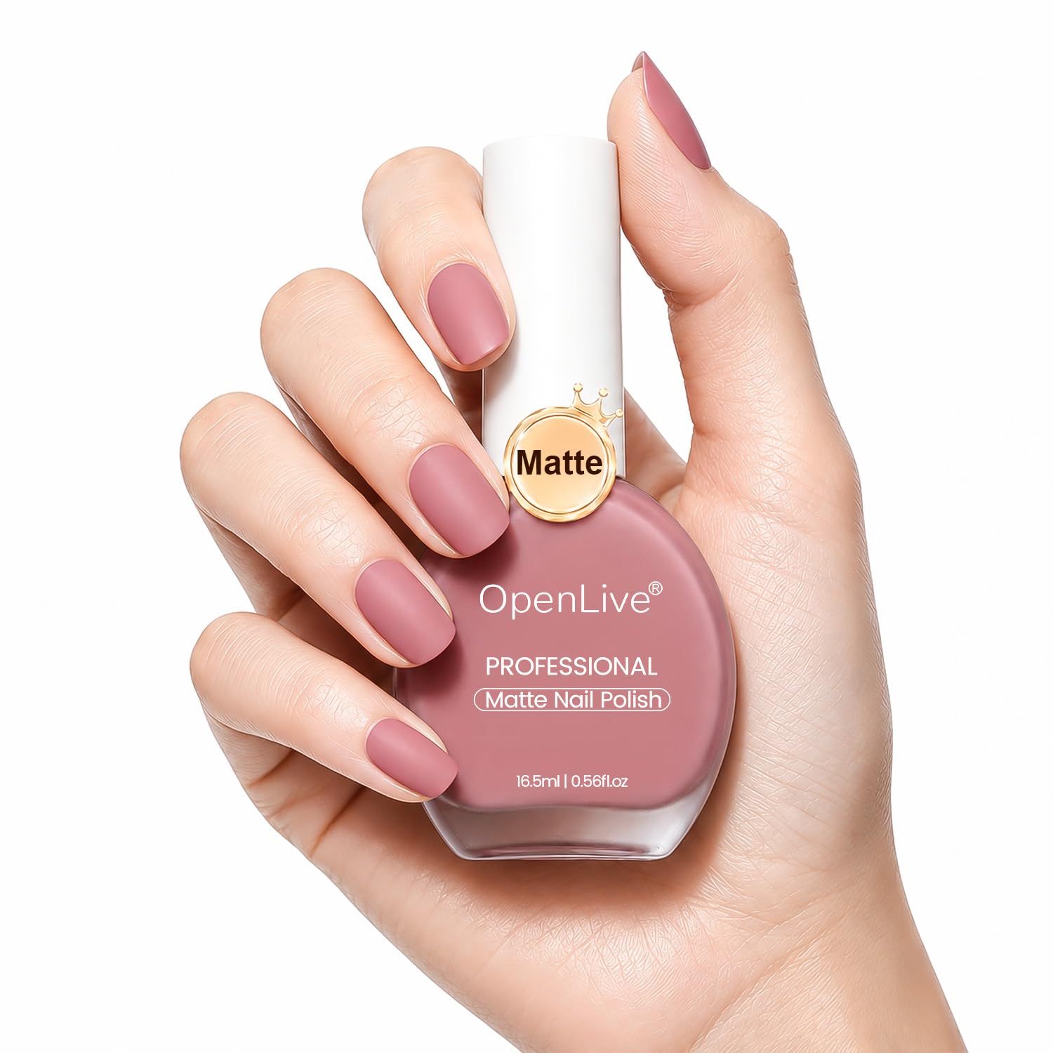 OpenLive Dusty Rose matte nail polish bottle with large volume and quick-dry formula, displayed on a neutral background.