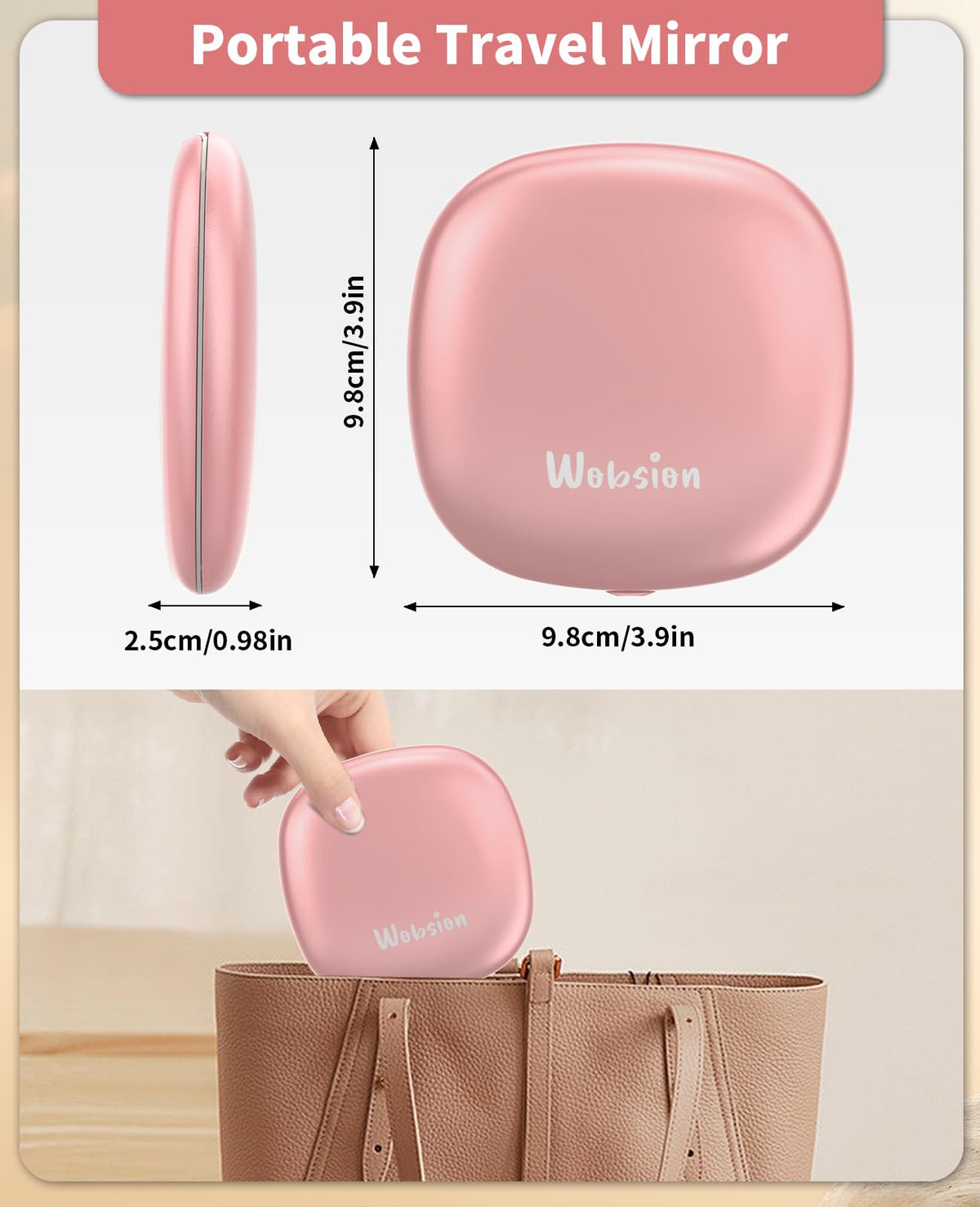 WOBSION 1x/10x Rechargeable Lighted Travel Makeup Mirror – back view and specifications