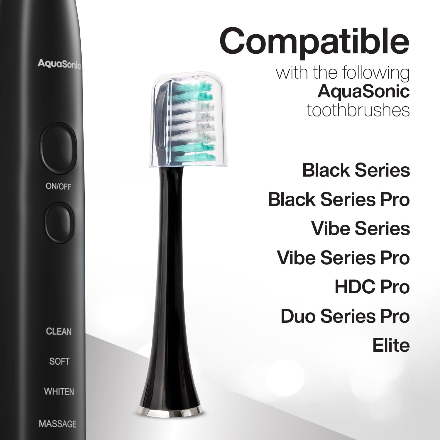 Eight black AquaSonic replacement toothbrush heads for normal and sensitive teeth, compatible with AquaSonic toothbrush handles.