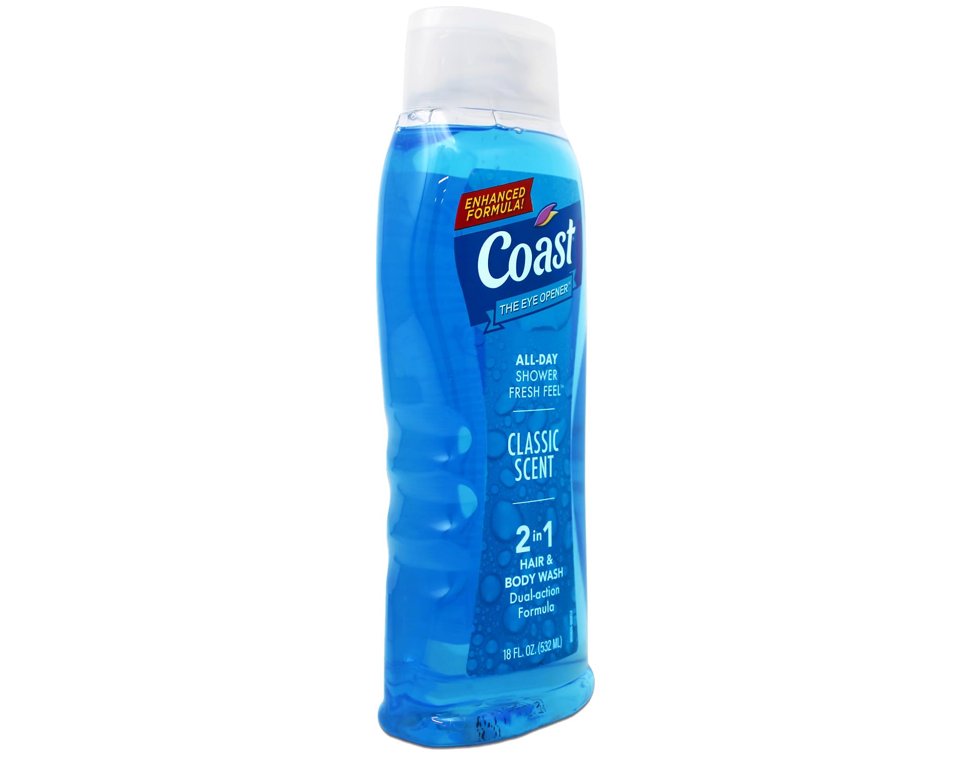 Coast 2-in-1 Hair and Body Wash classic scent in a 6-pack of 18 fl oz bottles, featuring clear liquid and product label.