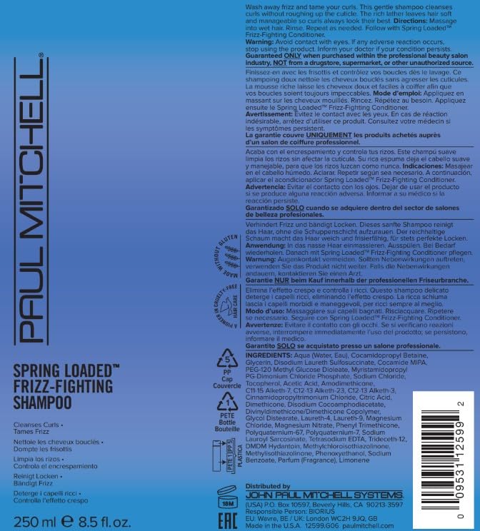 Paul Mitchell Spring Loaded Frizz-Fighting Shampoo 8.5 oz bottle, designed to reduce frizz and smooth hair.