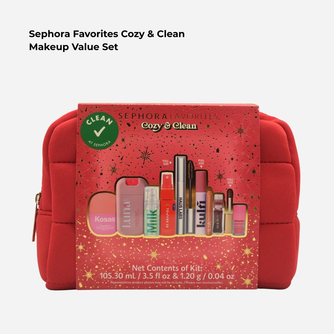 Sephora Cozy & Clean Makeup Holiday Gift Set – 9 Clean Beauty Essentials with Lip, Primer, Mascara & Skincare – close-up