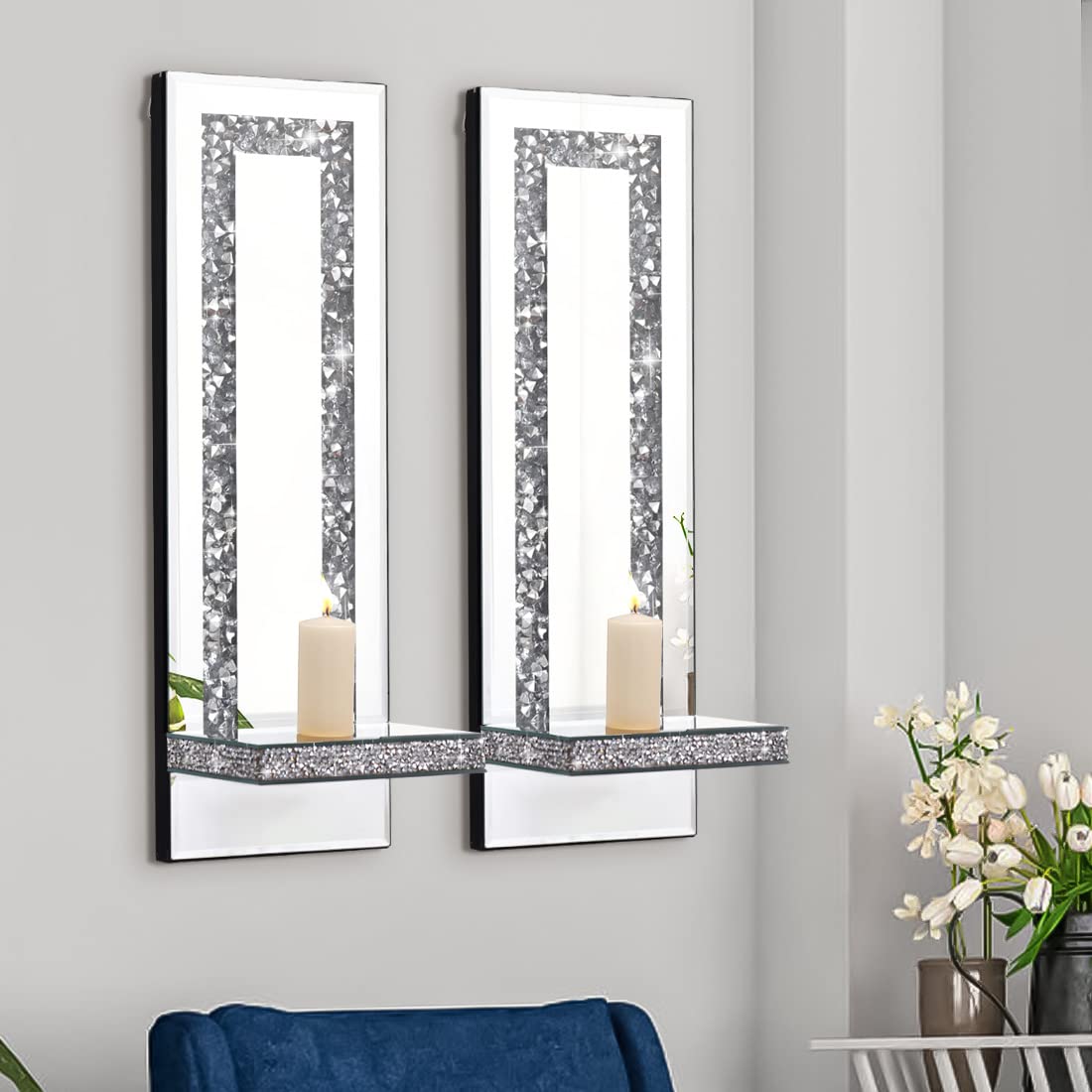 Aeveco Mirrored Wall Candle Sconces Holder Set of 2, Wall Decor Living Room – back view and specifications