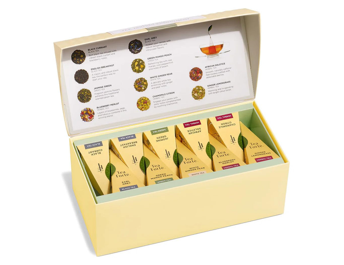 Tea Forte Tea Sampler, 20 Pyramid Infuser Bags, Premium Tea Gift Set – packaging and label