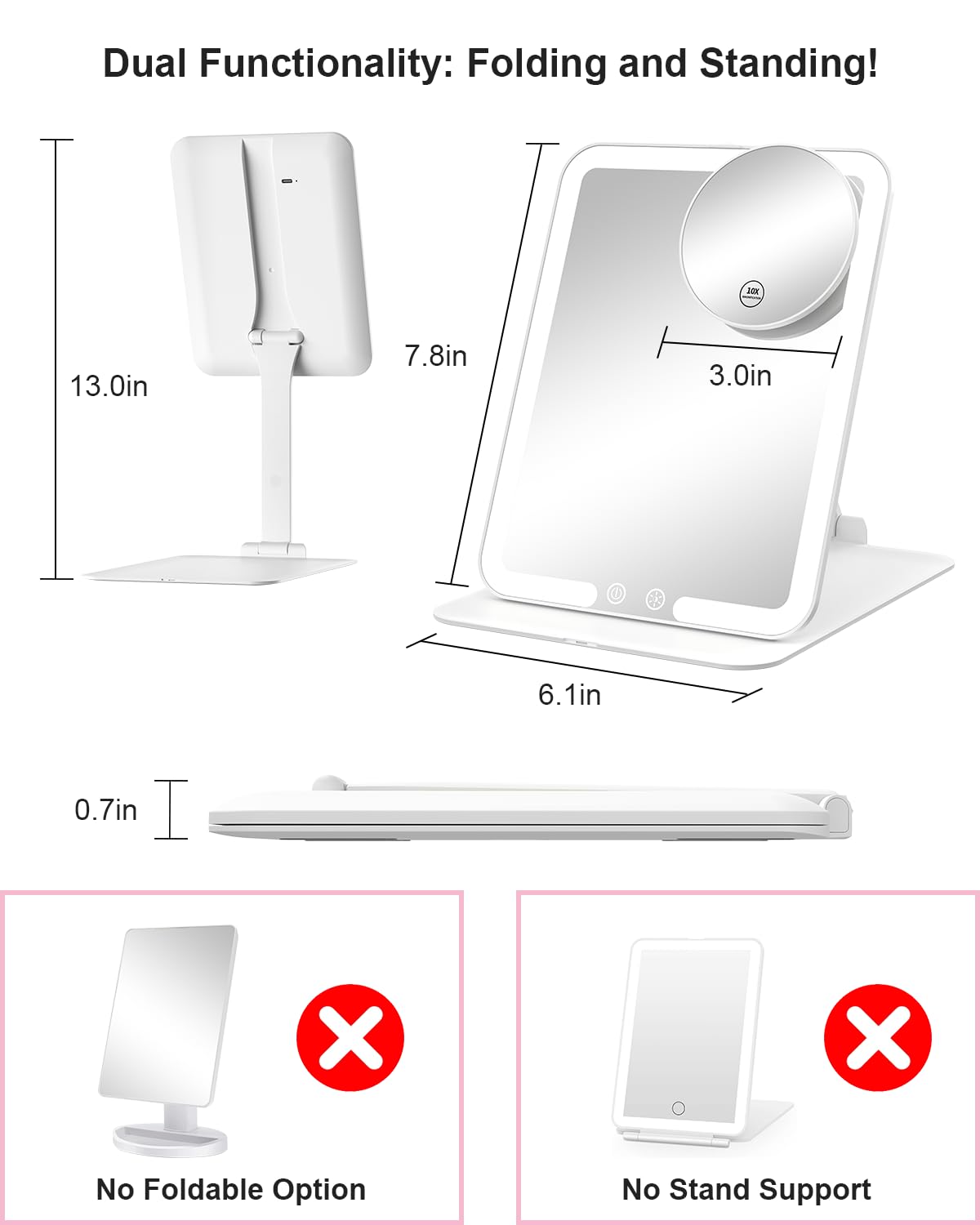 Gospire Travel Makeup Mirror with Lights and Magnification 10X, White – close-up detail in White