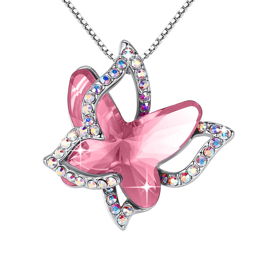 GEMMANCE Butterfly Necklace, Birthstone Crystal, for Women, Silver Tone Pendant Jewelry, Anniversary Birthday Gift for H