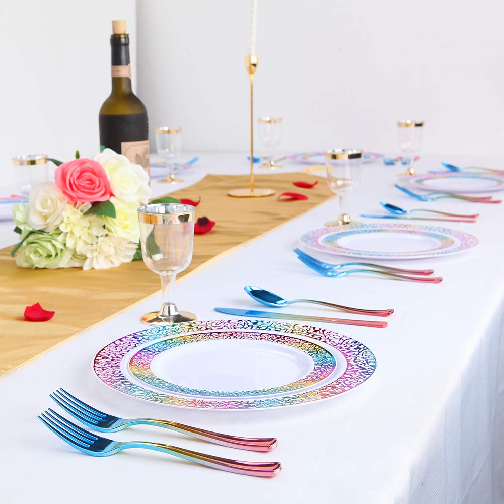 supernal Rainbow Plastic Plates | Disposable Party Dinnerware Set – packaging and label