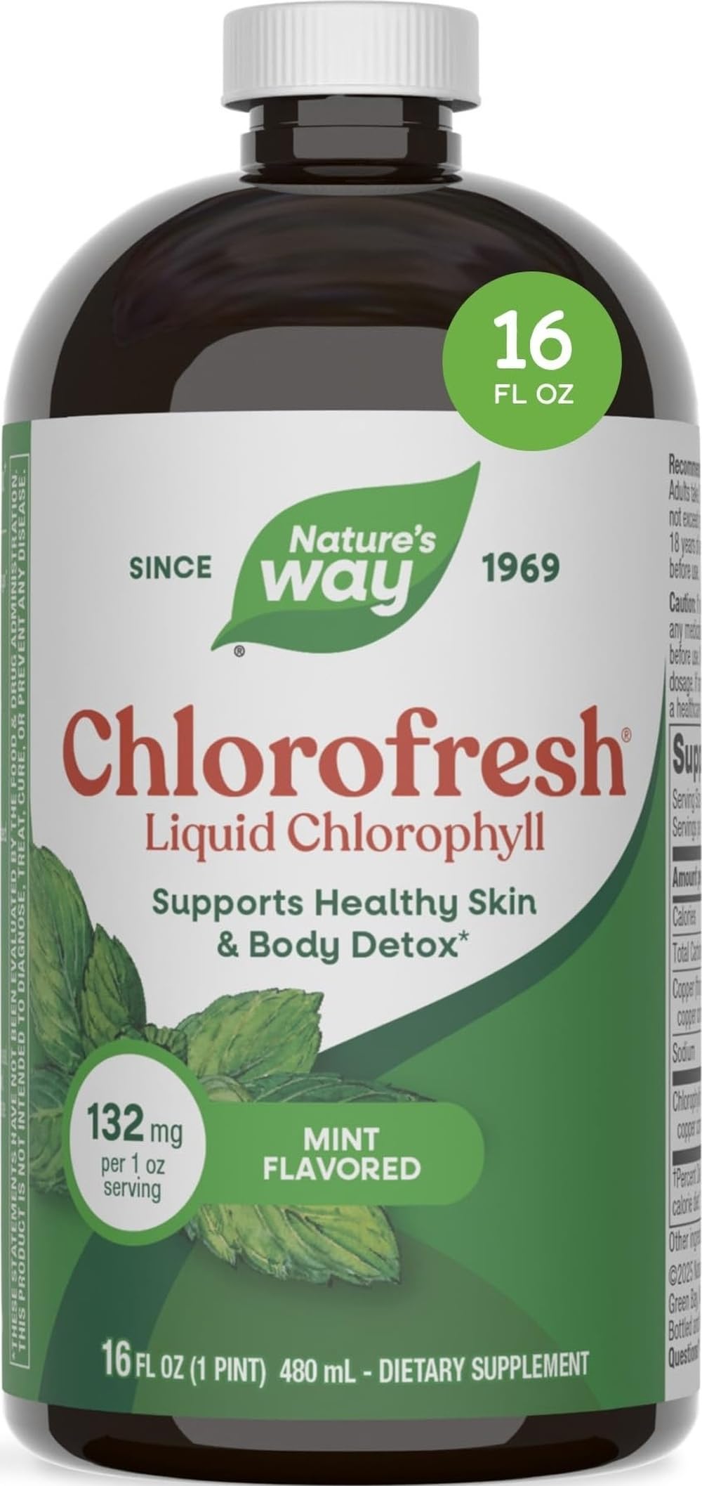 Nature's Way Chlorofresh liquid chlorophyll supplement in a mint-flavored bottle, supports skin health and detoxification.