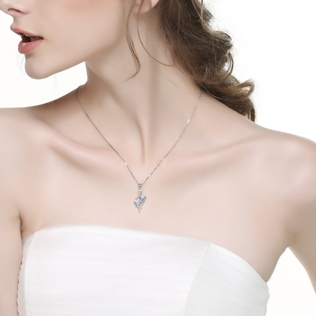 AOBOCO Sterling Silver Infinity Butterfly Pendant Necklace with Simulated Aquamarine Blue Crystals, Anniversary Birthday