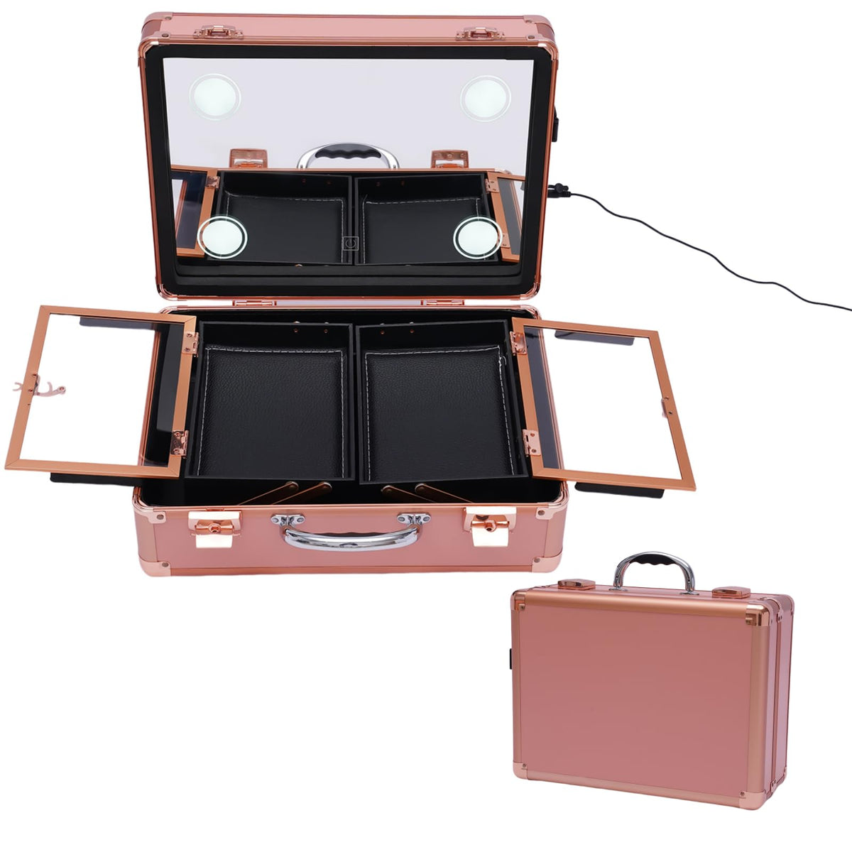 QIUTMER Makeup Train Case 14.6 Inch with 4 LED Lights and Mirror – Rose Gold, Acrylonitrile Butadiene Styrene
