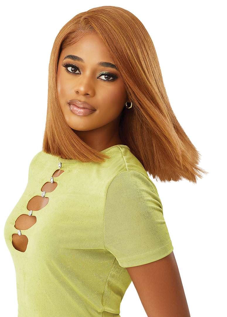 Outre 6X5 Pre-Cut Lace Closure Wig - Human Hair Blend - Yaki Straight Bob 14" (BLACK BERRY) – packaging and label