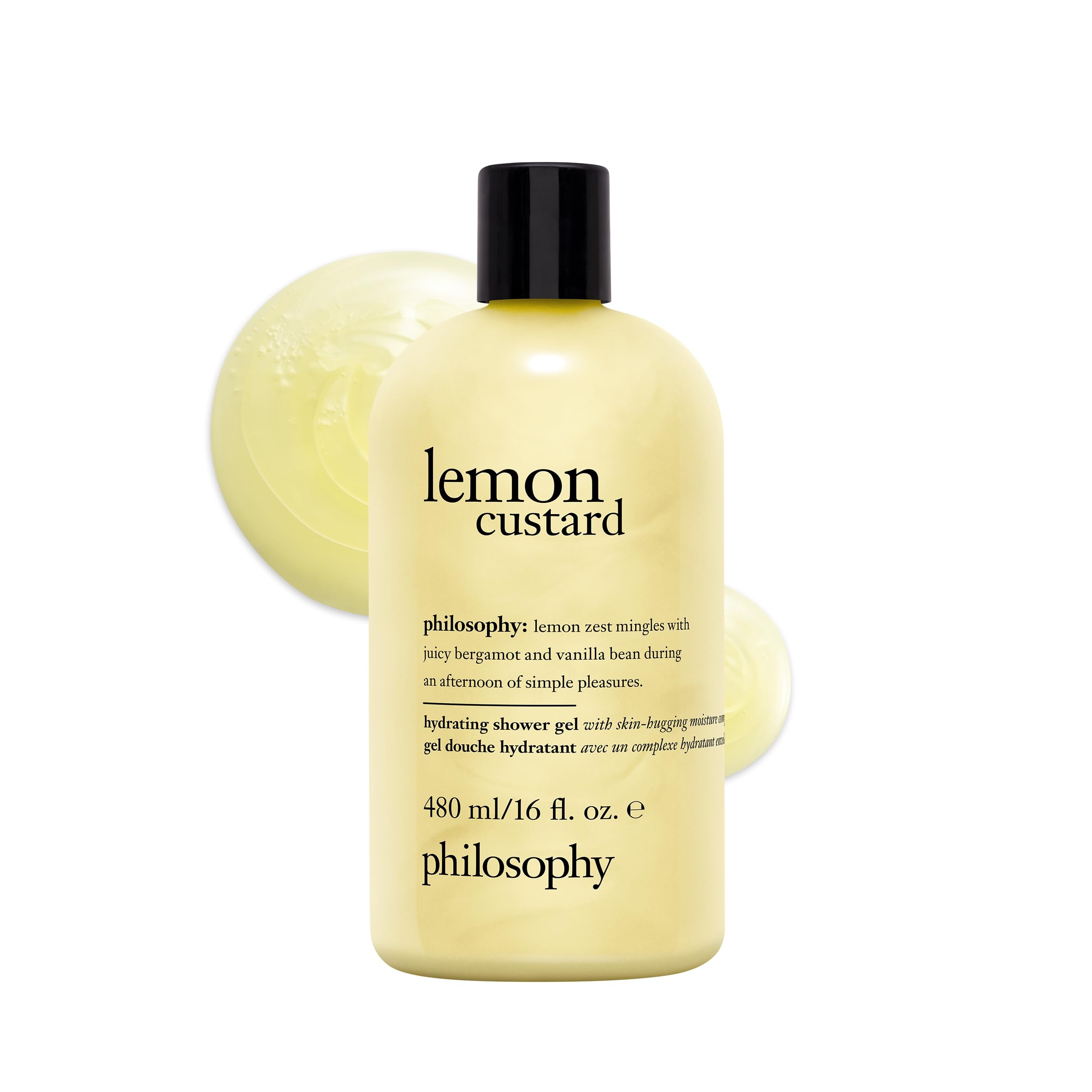 Philosophy Lemon Custard Shower Gel in 16 fl oz bottle, skin cleaning agent with fresh lemon scent and creamy texture.
