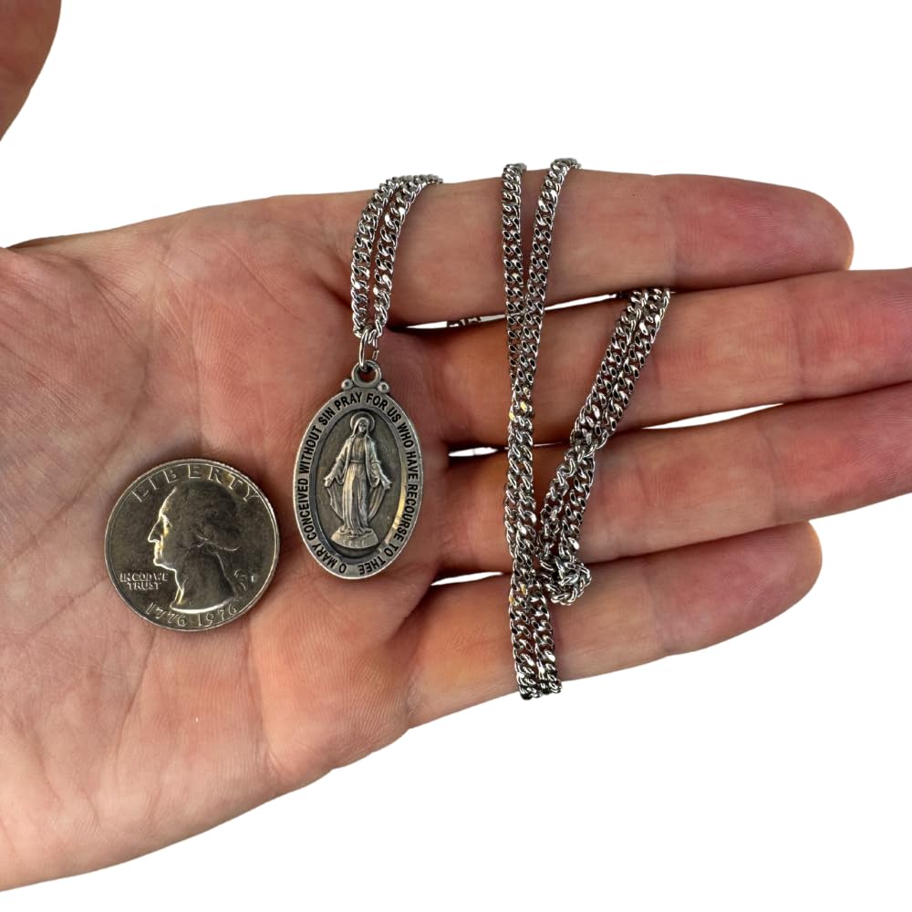 Everlasting Light Jewelry Pewter Miraculous Medal Pendant on 24 Inch - Catholic Religious Necklace Made in USA,Deluxe Ve
