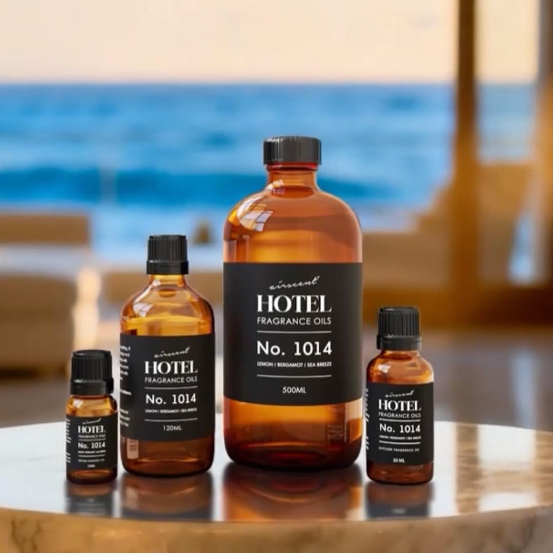 Air-Scent Hotel Diffuser Oil No. 1014 5-Star Blend in a 30mL bottle, showcasing the essential oil with a clear glass container and label.