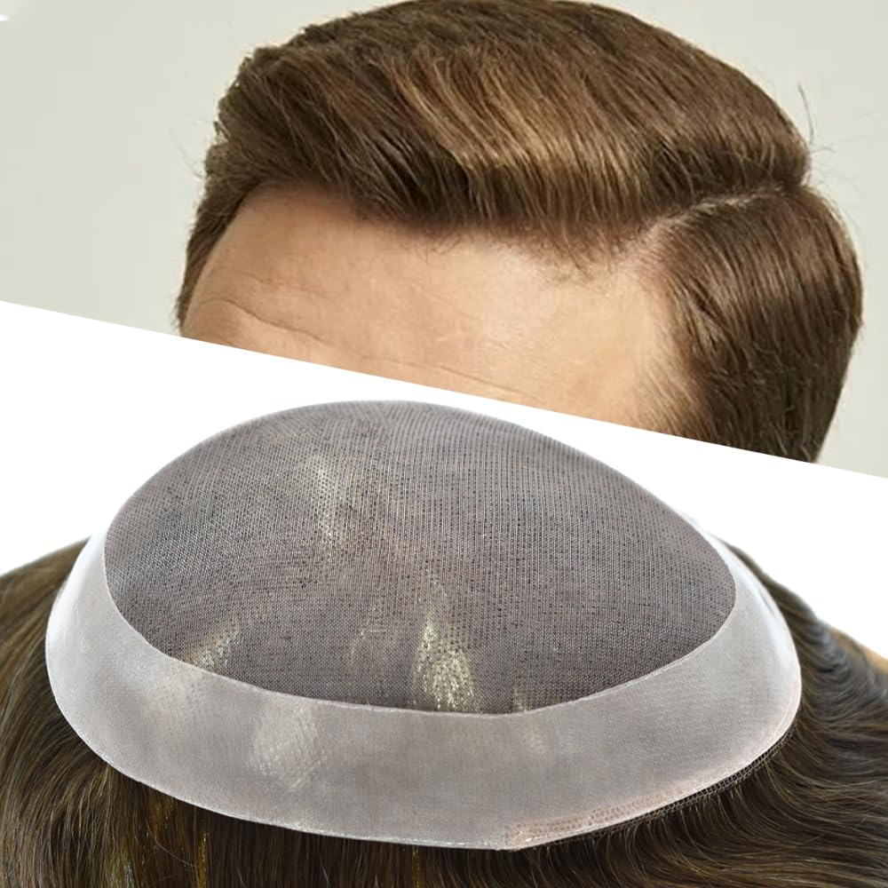 Curve Hair Mens Toupee Human Hair Piece Replacement System Monofilament Wig Hair Unit for Men Durable Poly Coated Mens Hairpiece (#7 Very Light Brown, 7"X9")