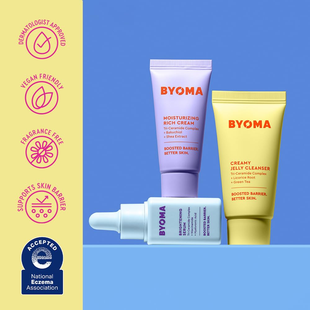 BYOMA So Bright Set featuring a jelly cleanser, brightening serum, and rich cream for luminous skin care.