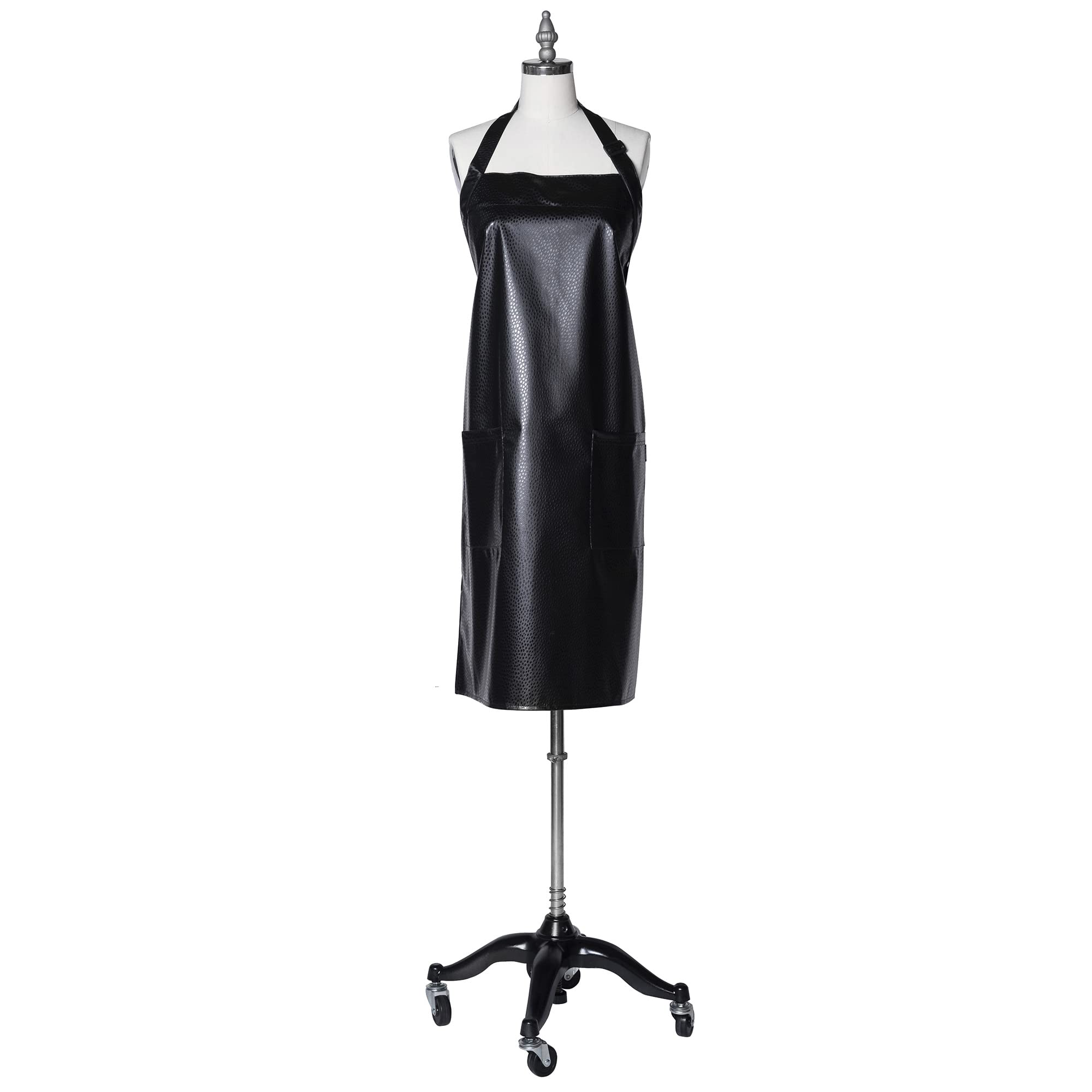 Fromm Apparel Studio black embossed pattern hair stylist apron, waterproof, chemical resistant, adjustable knee-length apron for salons.