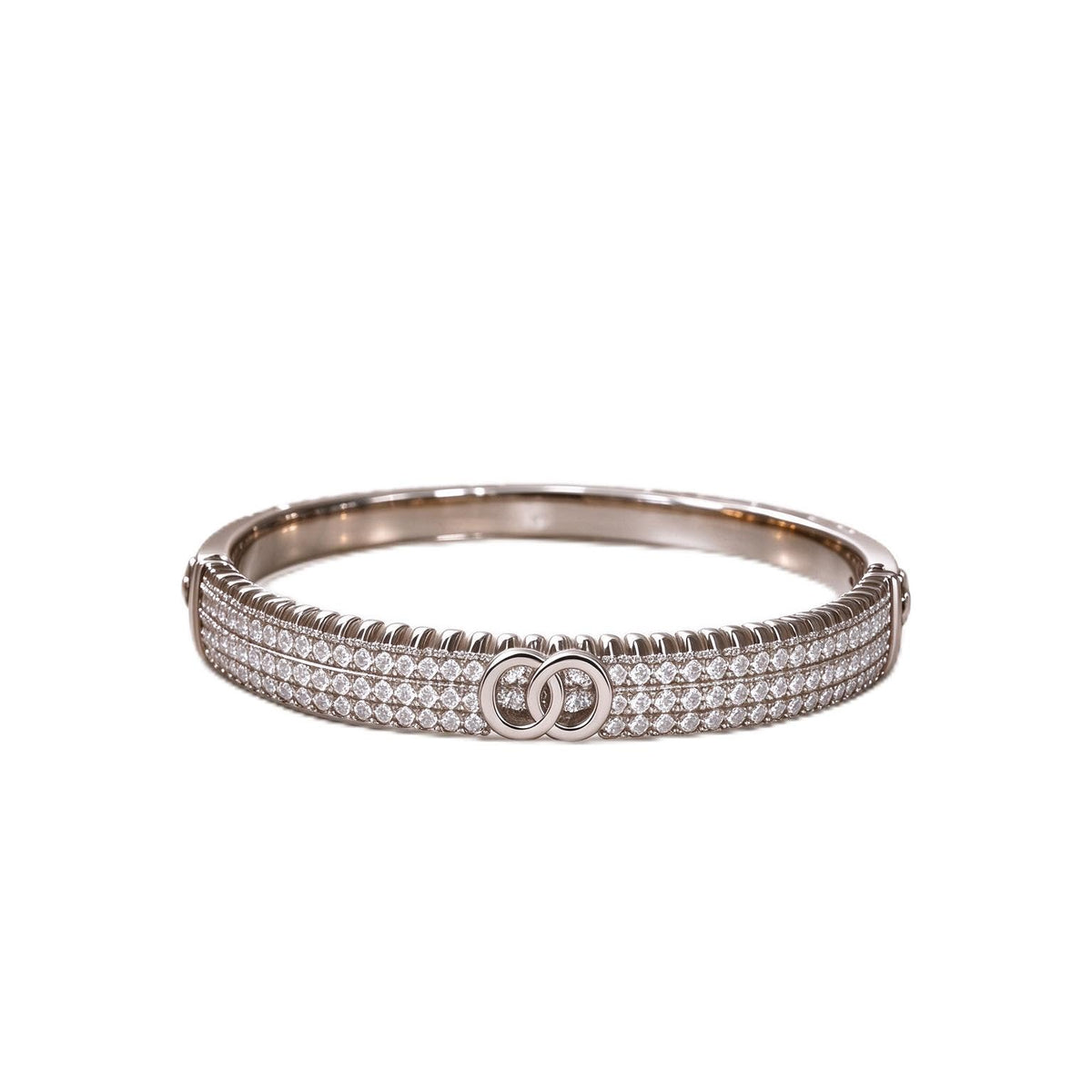 S925 Sterling Silver Interlocking Double C Hinged Bangle Bracelet, Triple Row Paved Cubic Zirconia Slim Cuff Luxury Eleg