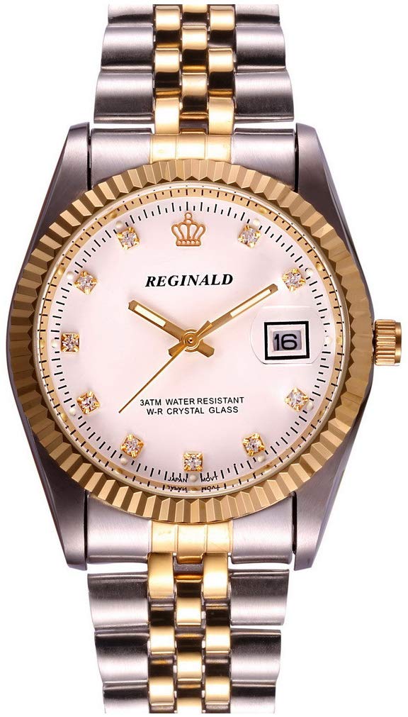 FANMIS Luxury Unisex Gold Crystal Quartz Calendar Gold Tone Stainless Steel Watch (White) – Silver