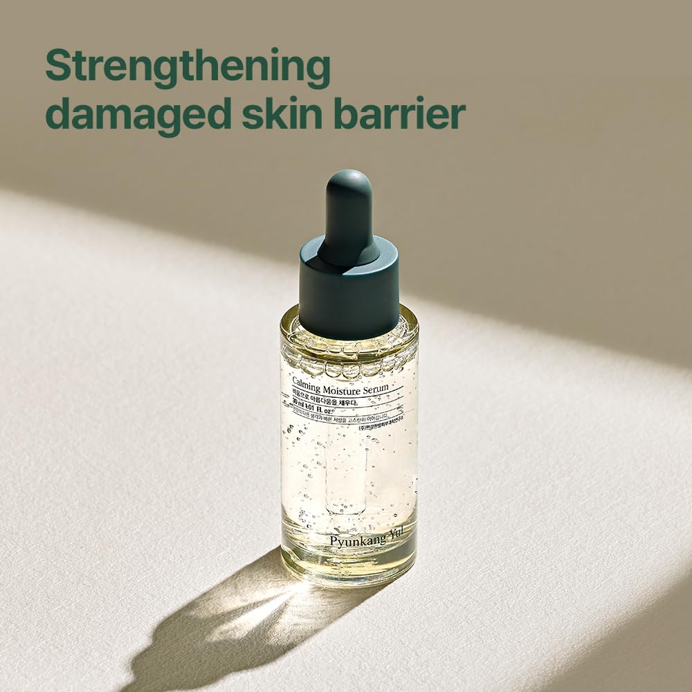 Pyunkang Yul calming moisture serum with Centella Asiatica, tea tree, hyaluronic acids, and ceramide for soothing and hydrating skin.