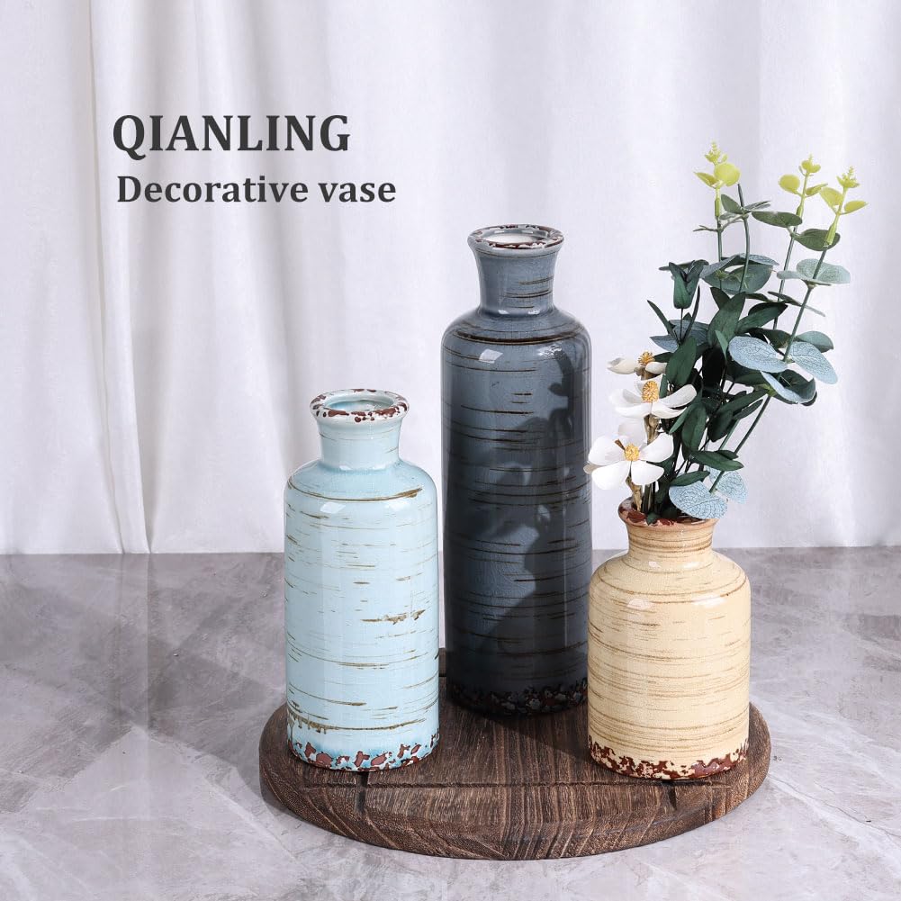 QIANLING Ceramic Vase Set - 3 Small Flower Vases Home Decor, Modern Rustic Farmhouse Pottery Vases for Centerpieces, Liv