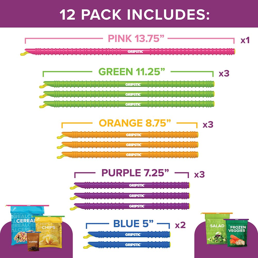 GripStic 12 Pack Assorted Food Bag Sealers Reusable Chip Clips Bag Clips – transparent, Plastic, Assorted Sizes (Pack of